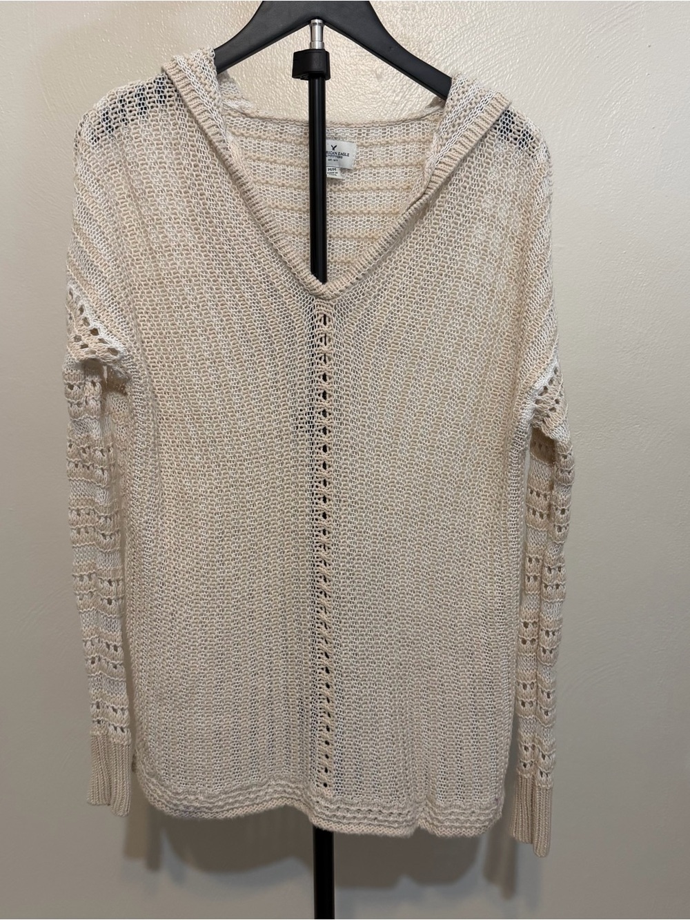 American Eagle Outfitters Cream V-Neck Hooded Knit Boho Beach Sweater